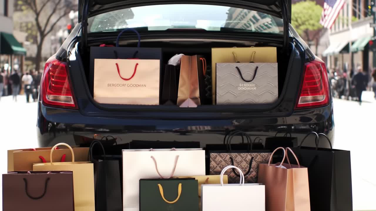 A Luxurious Shopping Spree Captured in Two Frames: A Car Trunk Overflowing with Elegant Bags Representing Celebrated Retailers