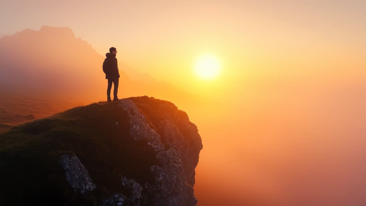 Silhouette di una persona su una scogliera all'alba, catturata da un angolo basso