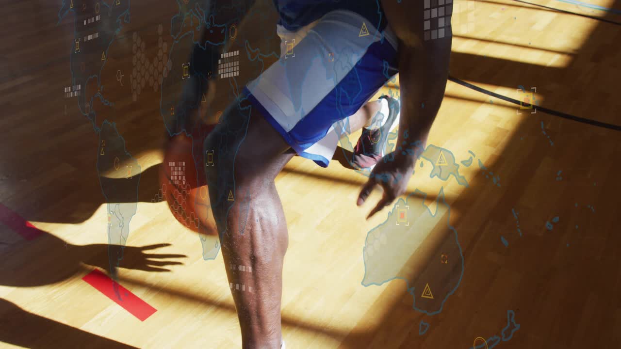 Male basketball player starting dribble, doing crossover moves while HUD tracking ball for training