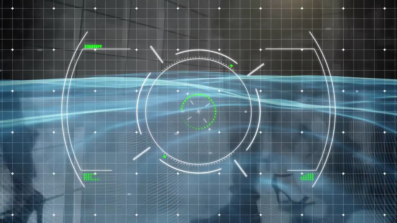 Animation of financial data processing over business people walking