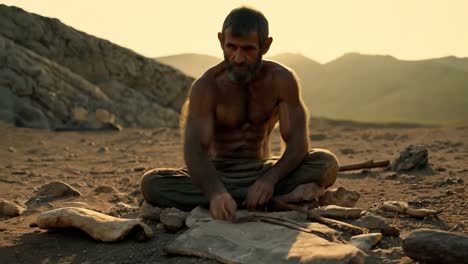 a primitive man working with leather