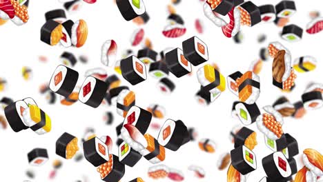 sushi pieces falling in a whimsical, chaotic pattern