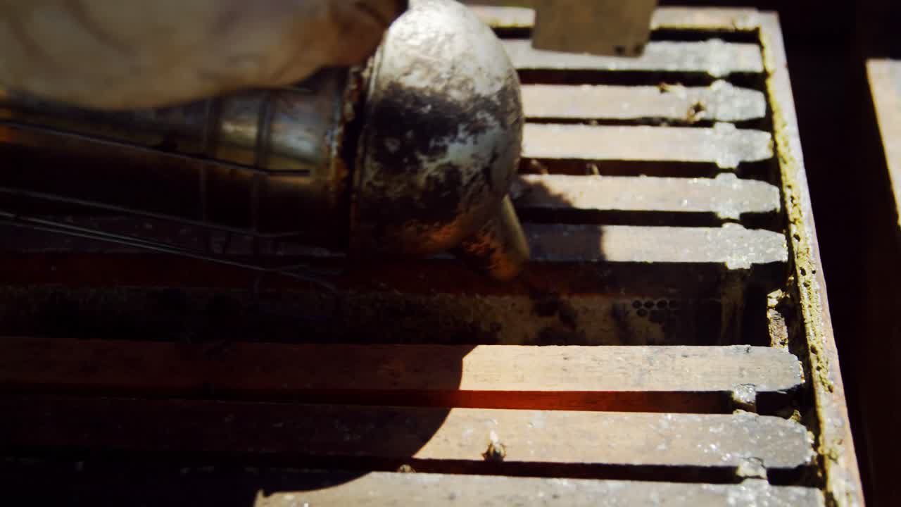 ⁇ 벌 키우는 사람 이 벌 을 벌집 에서 멀리 피우고 있다