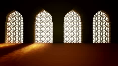 islamic interior mosque window or door with beam of ray light coming inside . ramadan kareem islamic motion background. 3d animation.
