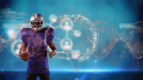 Animation-of-digital-brain-spinning-over-male-american-football-player-holding-ball