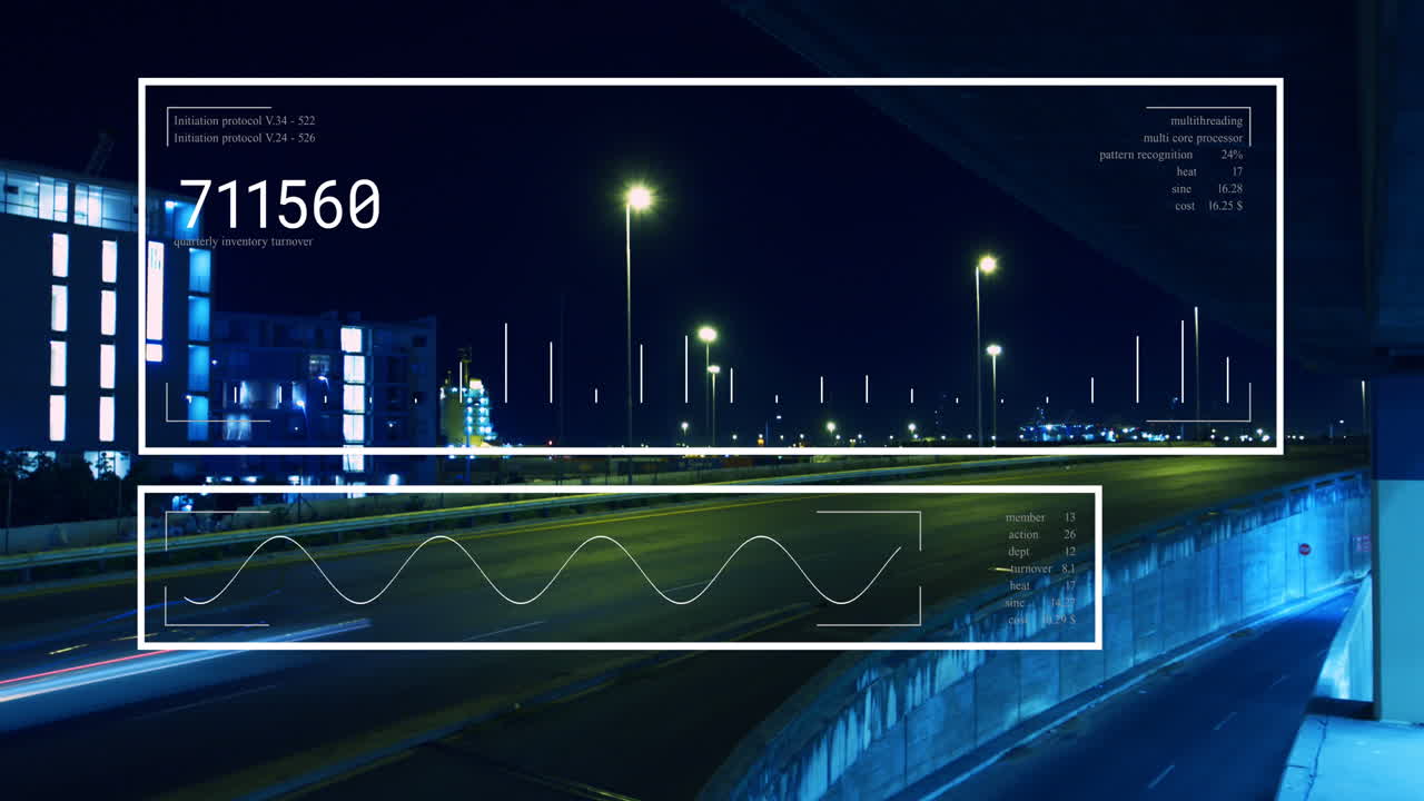 도시 풍경 위의 숫자 애니메이션과 데이터 처리