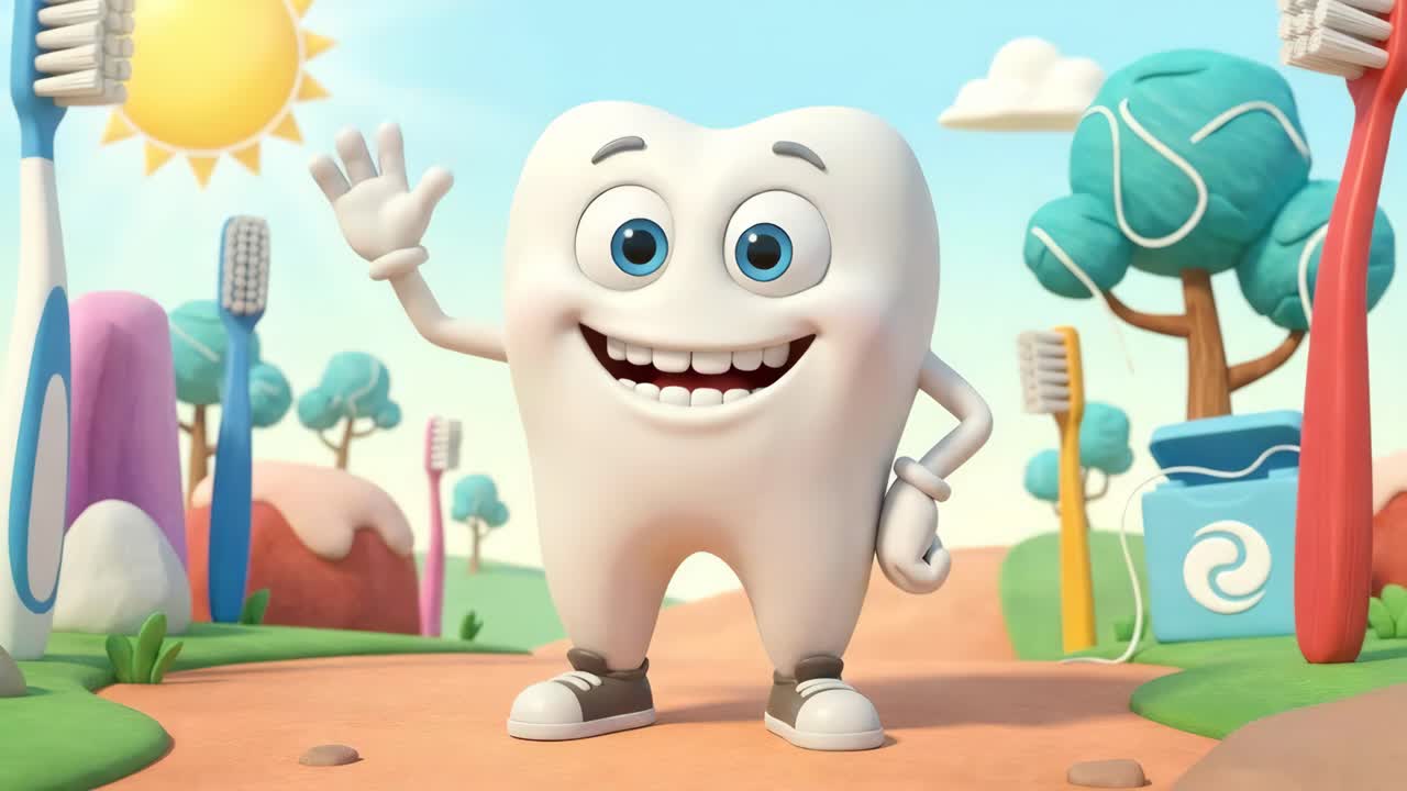 Desenho animado de dente promovendo a higiene bucal
