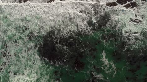 slow descending aerial view of ocean waves rolling across the frame in bamboo covered waters and visible rocky boulders