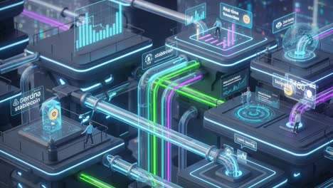 exploring the complex world of cryptocurrency and blockchain technology through an intricate 3d infographic representation of stablecoins and real-time transactions