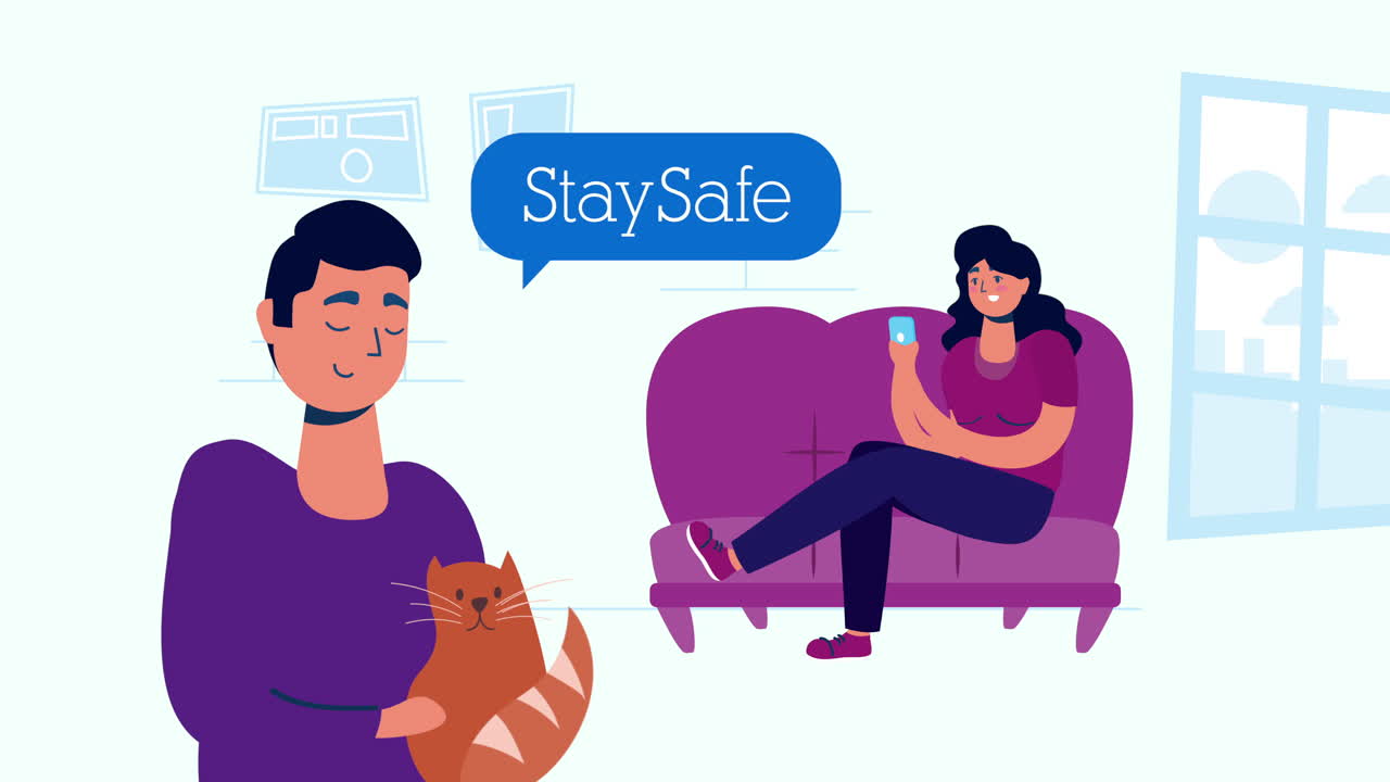 고양이와 함께 소파에서 스마트폰을 사용하는 커플 집에 머물 캠페인