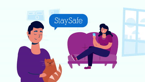 couple using smartphone in sofa with cat stay at home campaign