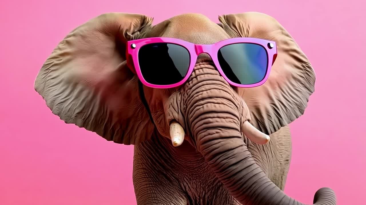 un elefante con gafas de sol rosas en un fondo rosado