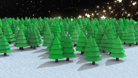 Multiple-trees-on-winter-landscape-against-shooting-star-on-black-background