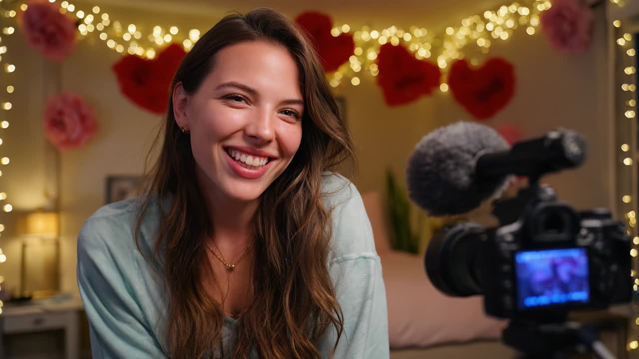 A Cheerful Content Creator Engaging with Her Audience in a Cozy Room Decorated with Heart-Shaped Decorations and Warm Lighting, Capturing the Essence of Connection and Creativity in a Vlog Setup