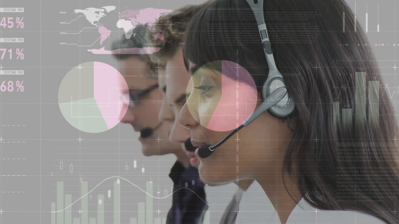 animación de estadísticas sobre personas de negocios que usan auriculares telefónicos
