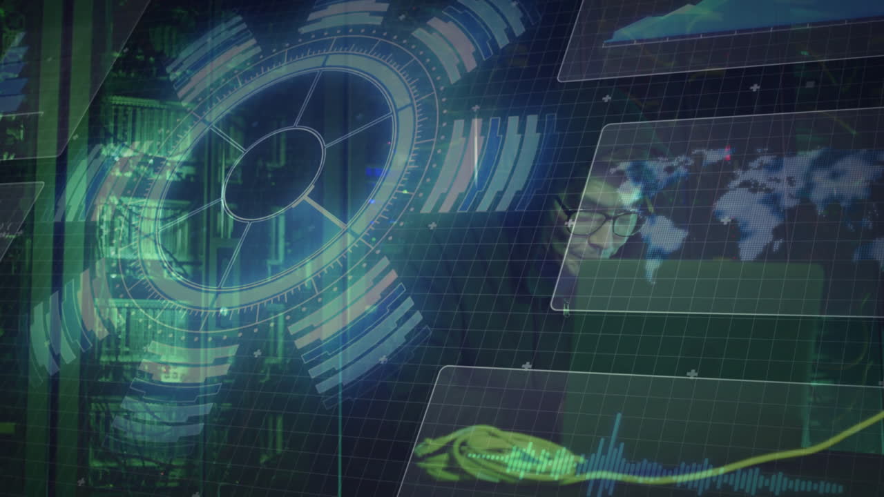 Mature man typing on laptop in data center, displaying holographic data charts and world map