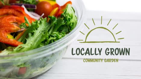 Animation-of-locally-grown-text-in-green-over-bowl-of-fresh-organic-vegetable-salad-on-wooden-boards