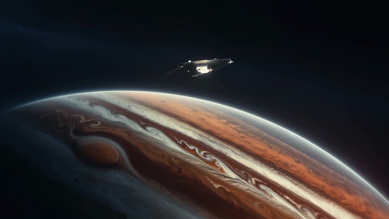 Spaceship Above Gas Giant Planet, Surveying Swirling Storms And Banded Clouds Cinematic Deepspace Scout