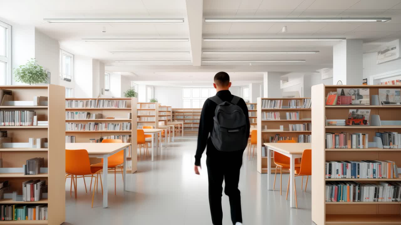 Foto grandangolare di una biblioteca moderna con file di librerie e sedie arancioni, perfetta