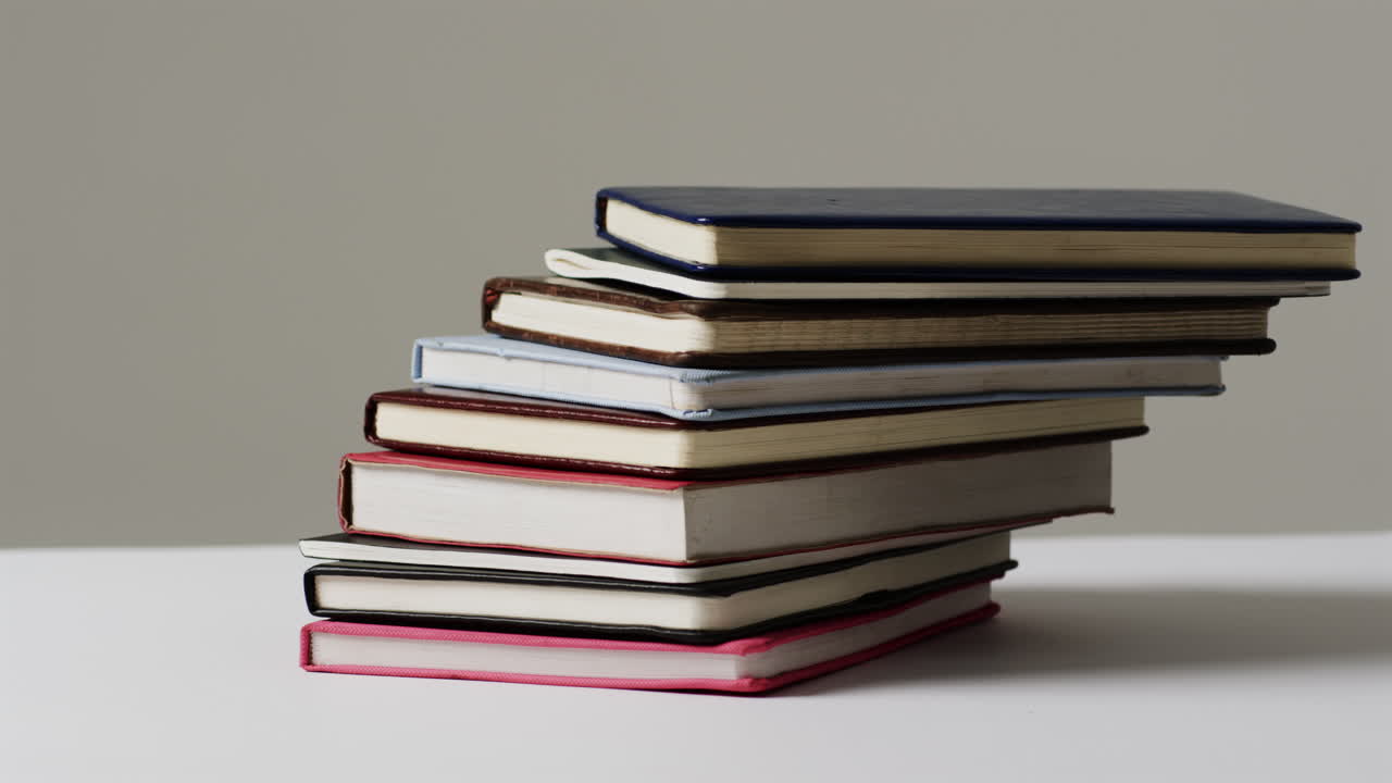 Close up of stack of books on grey background, in slow motion