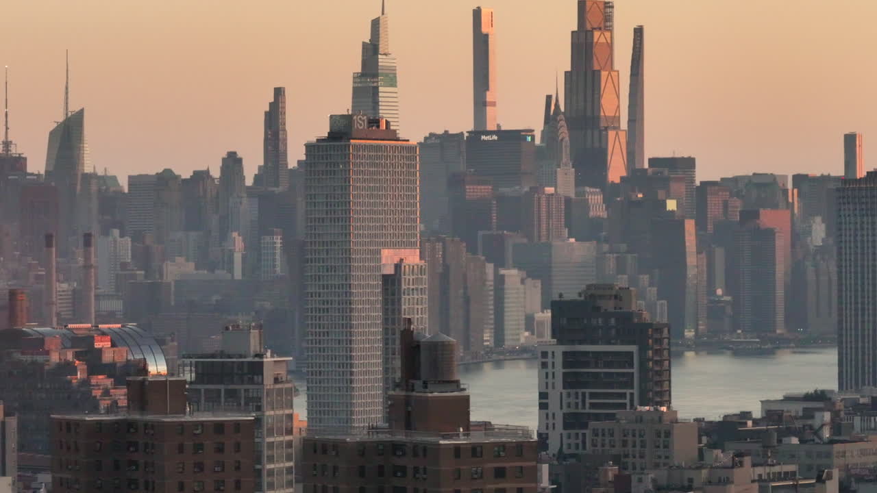 Aerial view of Midtown Manhattan at sunrise. Shot in Brooklyn