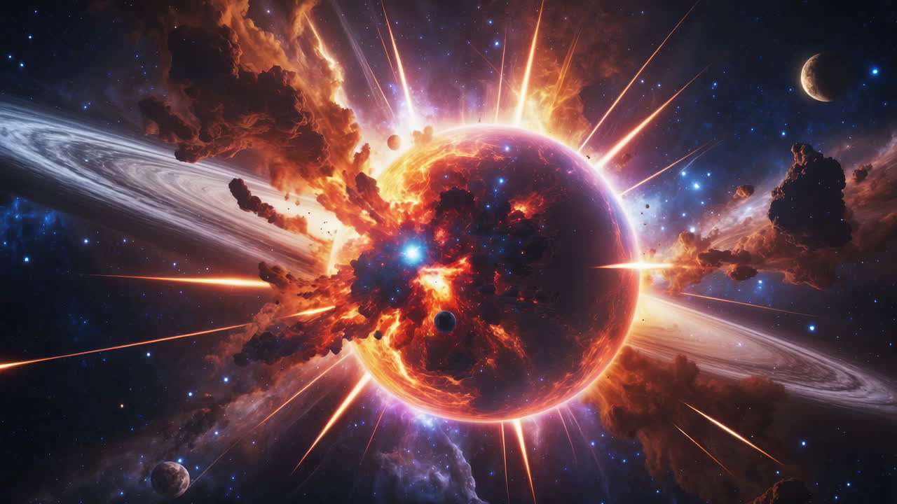 Cosmic Explosion in Space with Rings and Nebulae