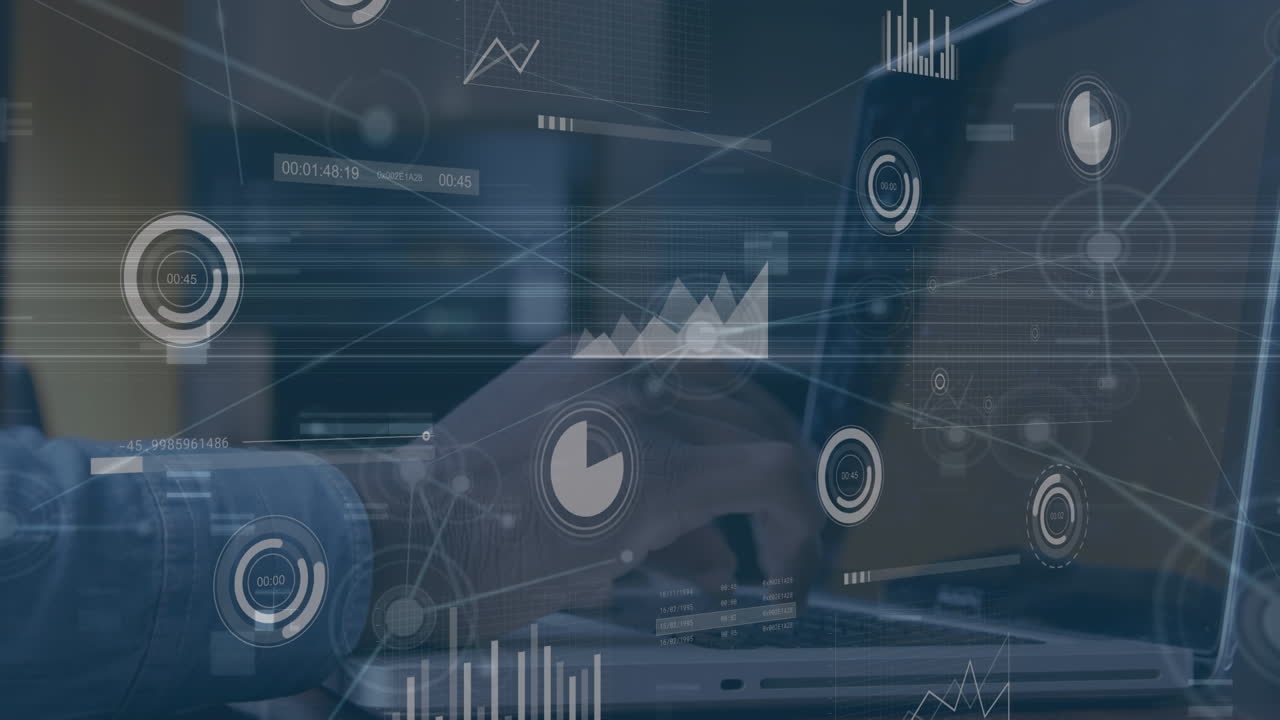 사무실에서 노트북으로 일하는 백인 사업가에 대한 그래프 데이터 처리 애니메이션