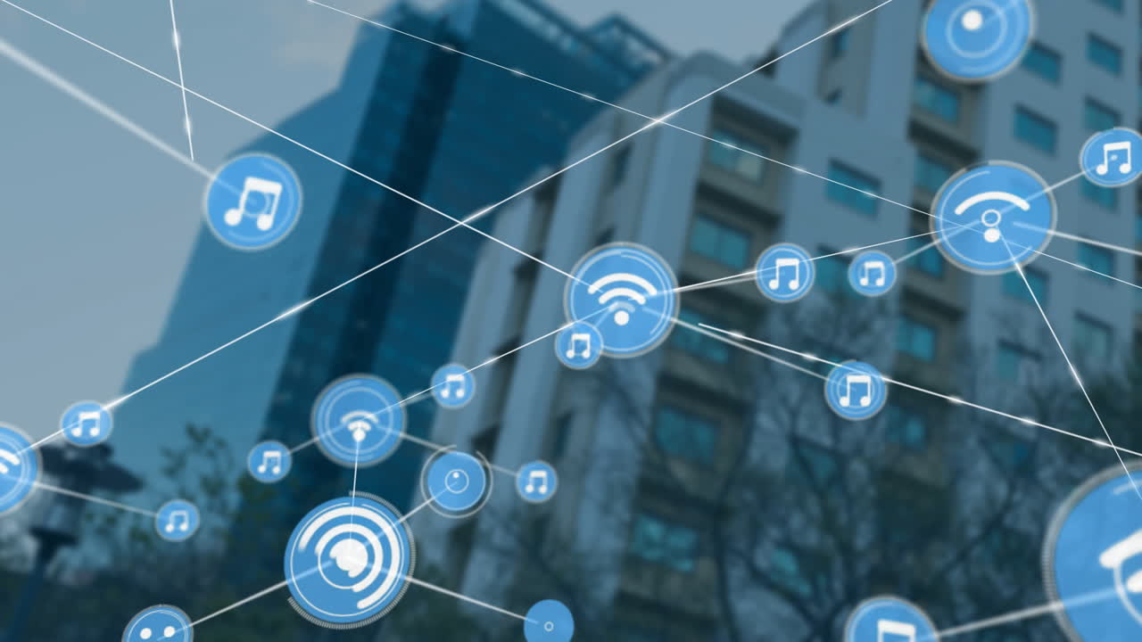 Network of connections and music icons animation over city buildings