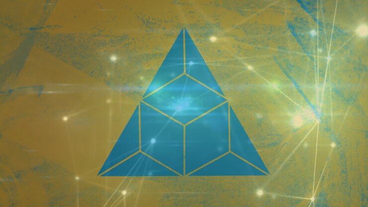 Animazione di forme geometriche e connessioni di rete su sfondo giallo e blu