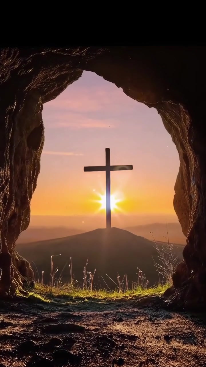 Christian Cross Silhouetted Against a Bright Sunrise Viewed From a Cave