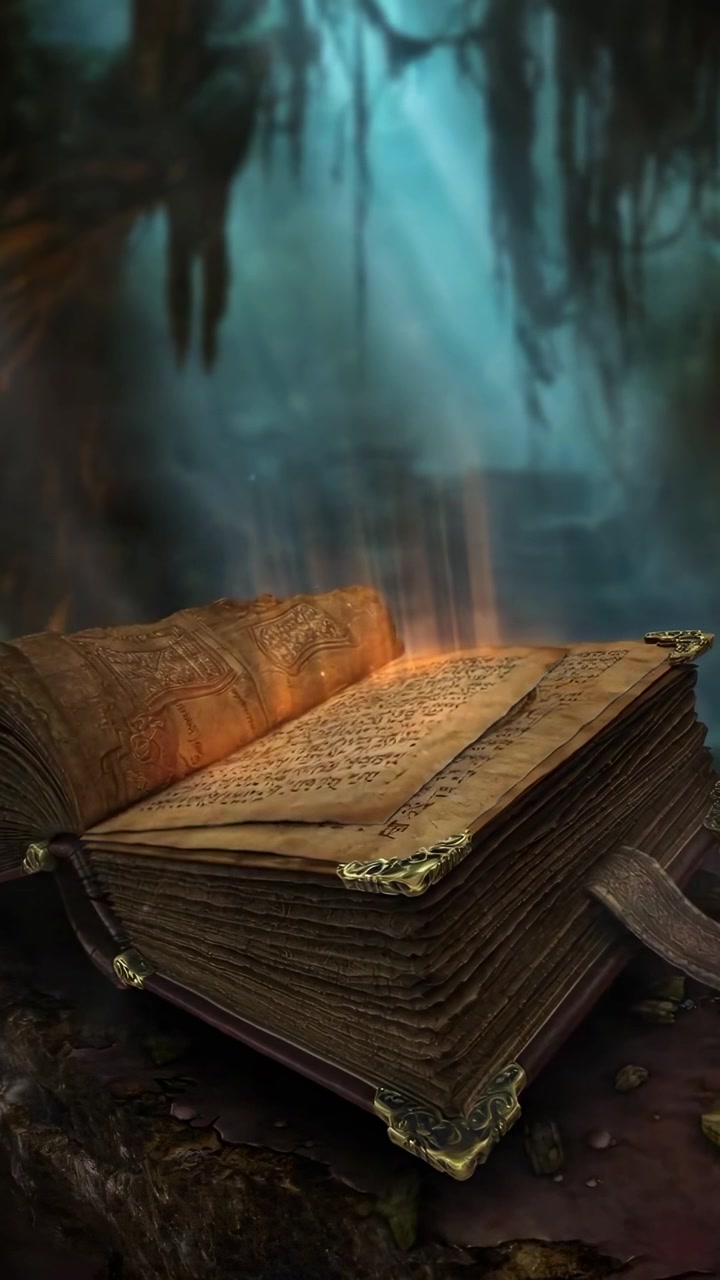 Livro Antigo Místico com Páginas Brilhantes e Símbolos Mágicos em uma Floresta de Fantasia Sombria.