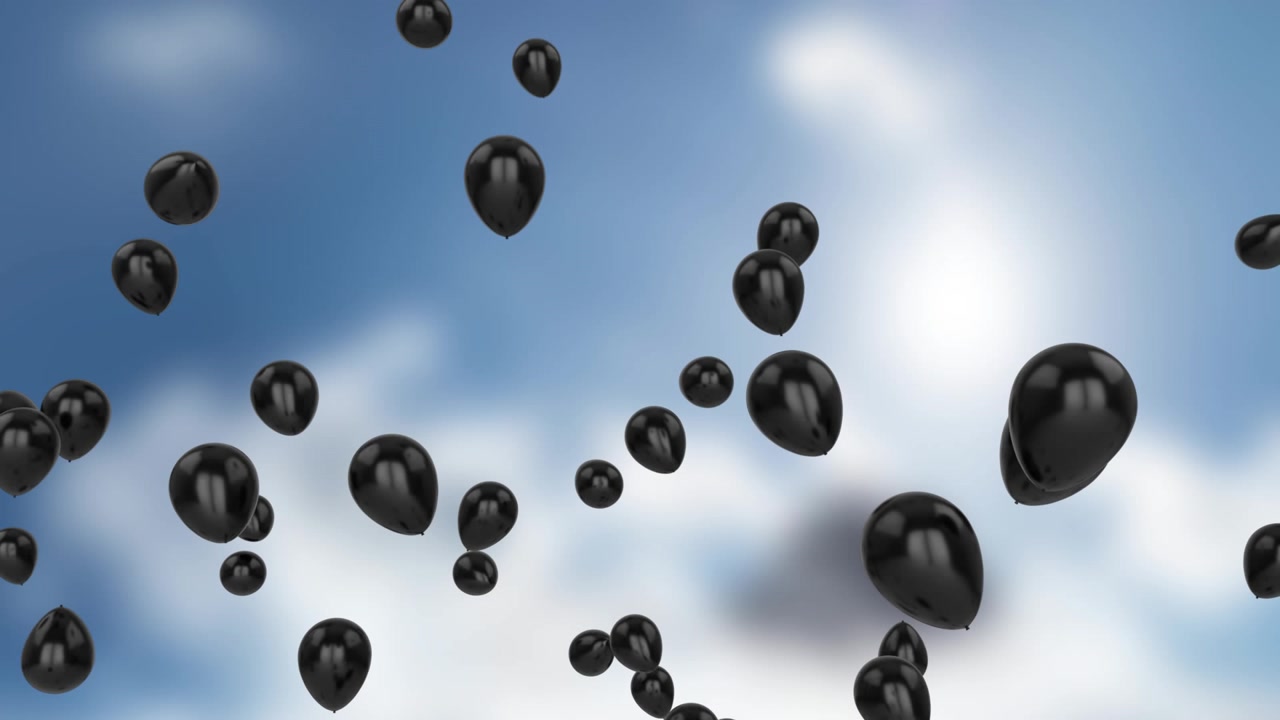 Schwarze Ballons schweben über einem bewölkten Himmel, Animation.