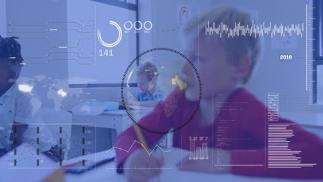 Animation of charts processing data over caucasian schoolboy writing at desk in class