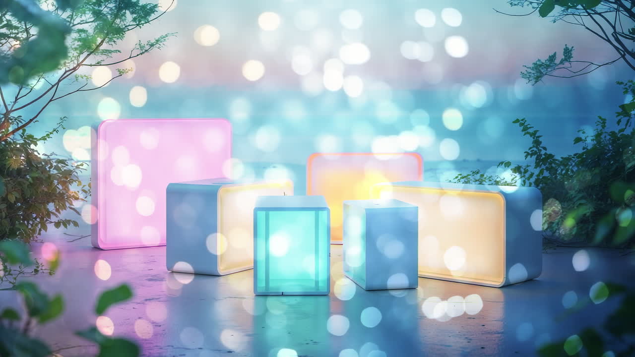 Abstract Glowing Cubes with Dreamy Bokeh Lights