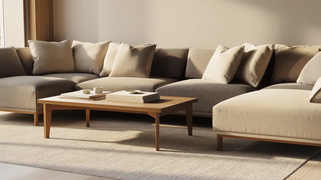 Modern Living Room Interior with Neutral Sectional Sofa and Coffee Table