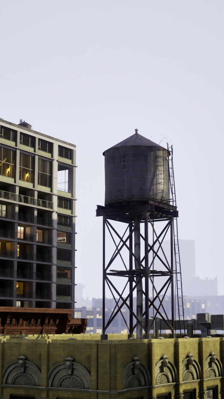 Vista del horizonte urbano con una torre de agua y arquitectura moderna al anochecer