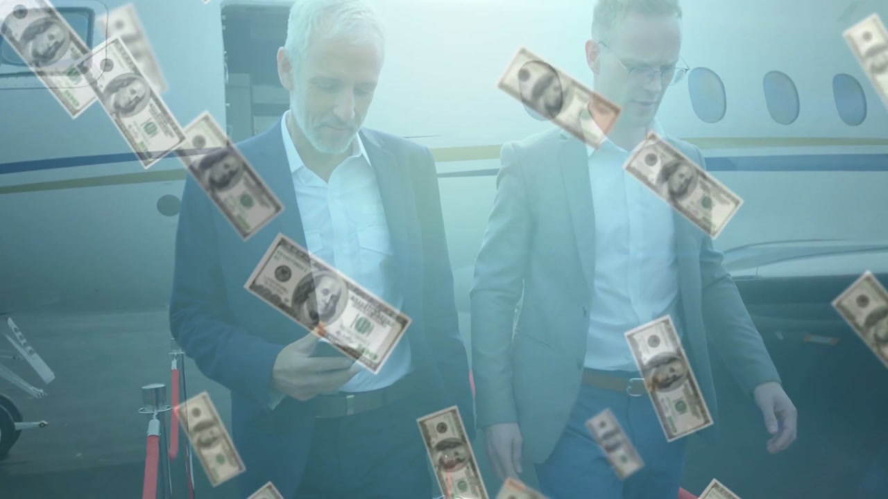 Vertical video: Opening door two suited men exiting jet past red-rope checking phone dollar overlay