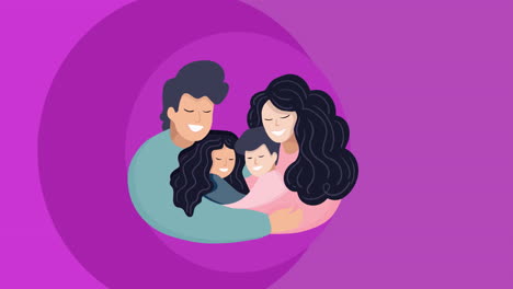 animación de una familia feliz abrazándose sobre un fondo púrpura