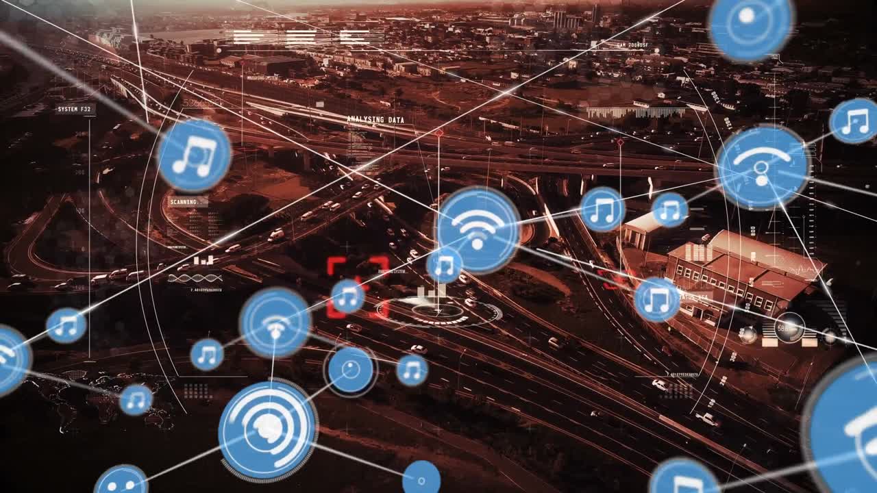 연결 네트워크의 애니메이션과 도시 풍경에 대한 범위 스캔