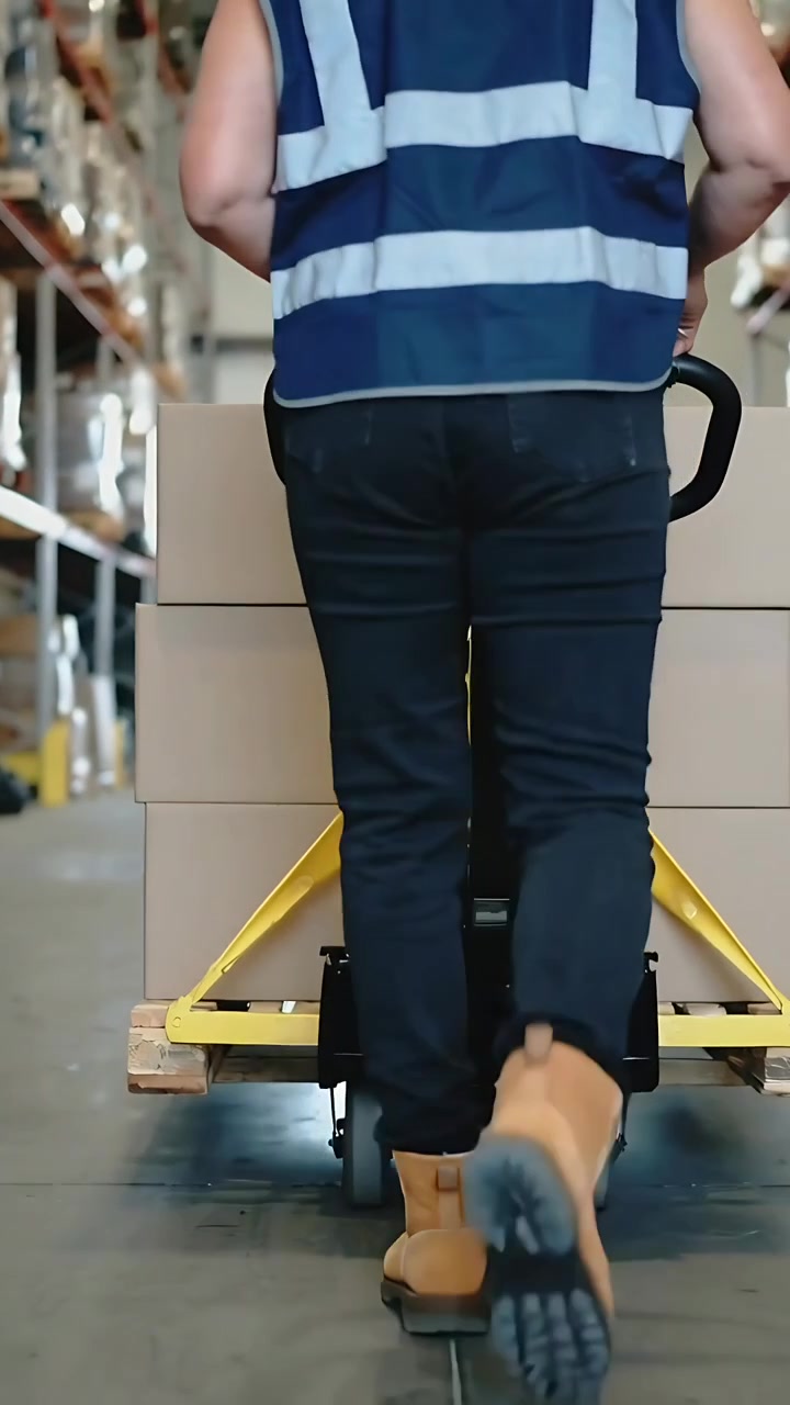 Vertical video: Gripping jack handles, worker walking warehouse aisle in navy vest moving boxes