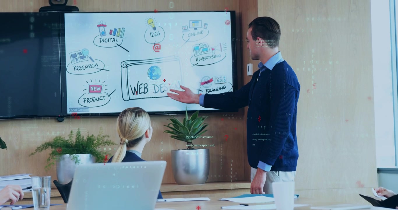 Presenter entering right side and pointing at web design display, animating bubble icons for team