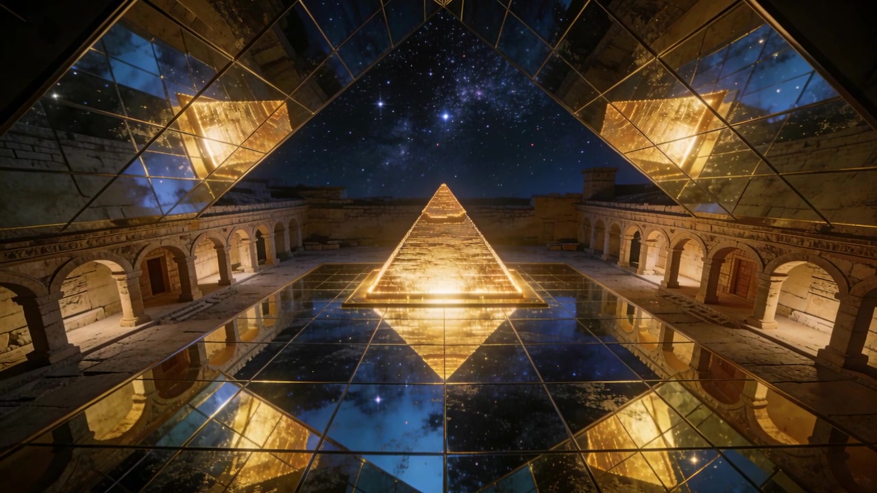 Pulzující zlatá pyramida vznášející se nad zrcadlovou podlahou v pasáži, způsobující lesk skla a osvětlující oblouk.