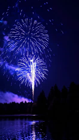blue fireworks over a lake at night