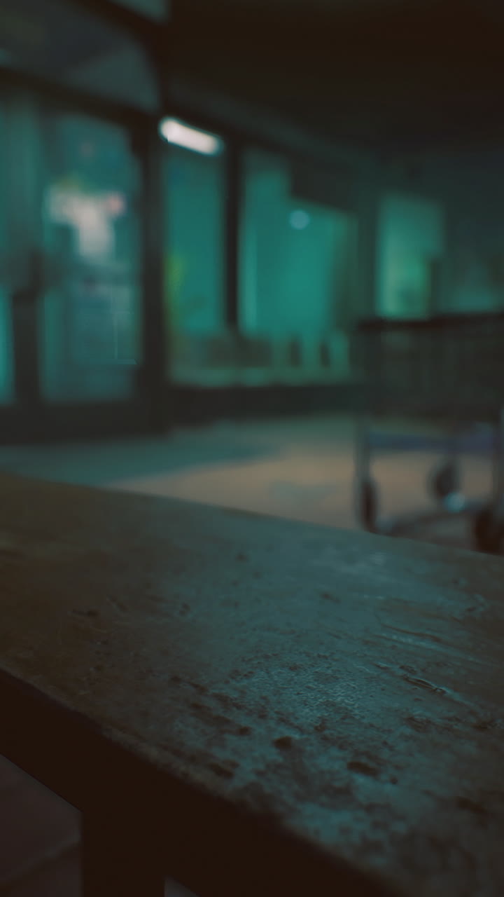 Empty waiting area at night with dim lighting and shadowy corners