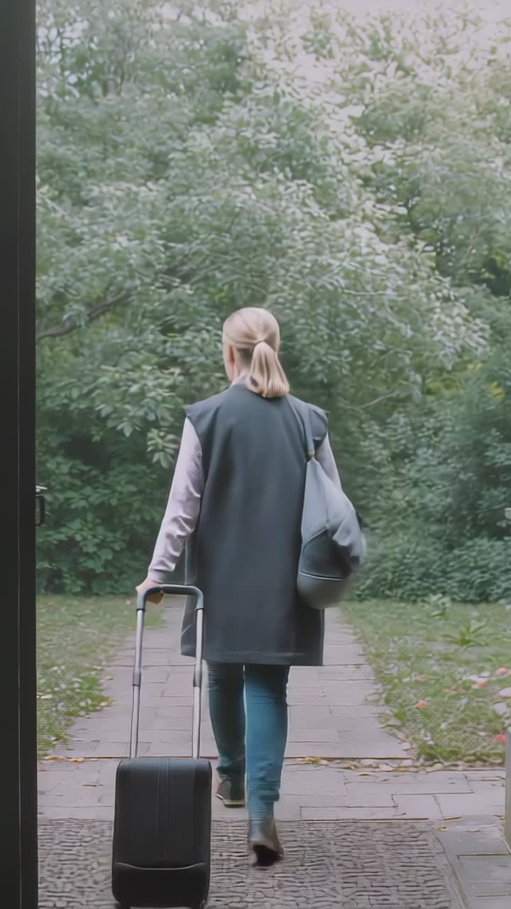 Vertical video: Stepping from doorway woman walking path toward garden, pulling suitcase, slung bag