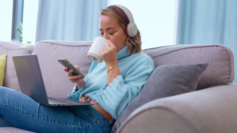 phone, coffee and woman with headphones on sofa