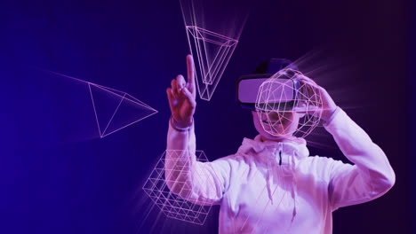 Animation-of-glowing-3d-shapes-of-data-transfer-over-asian-woman-in-vr-headset