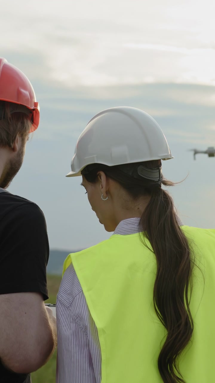 Two engineers in hard hats and safety vests observe a drone flying near a wind turbine in a grassy