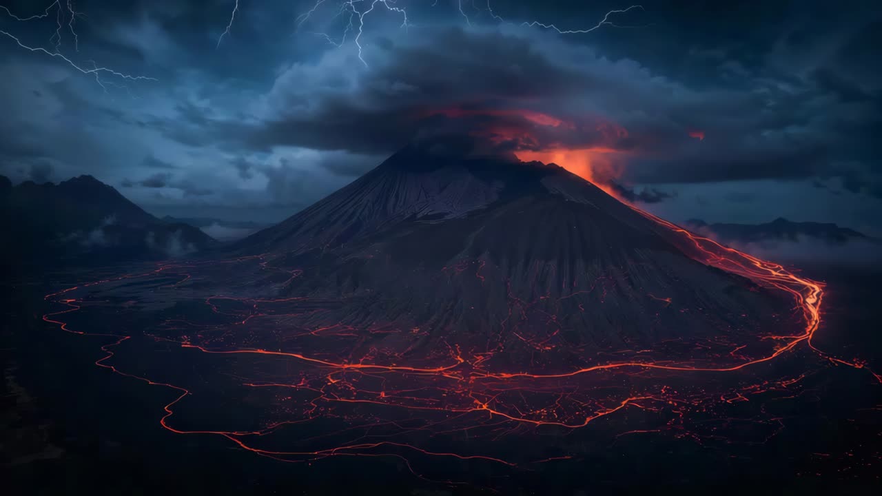Eruzione vulcanica notturna con fulmini