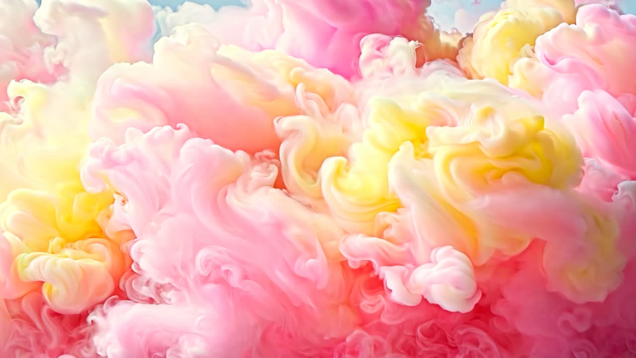 A colorful cloud of pink, yellow and orange smoke. The smoke is billowing and swirling, creating a sense of movement and energy. The colors are bright and vibrant, evoking feelings of joy